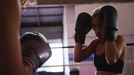 dos mujeres de raza mixta entrenando en el ring de boxeo
