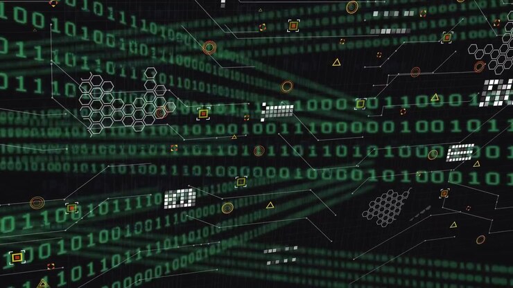 Animation of network of connections over data processing on black background