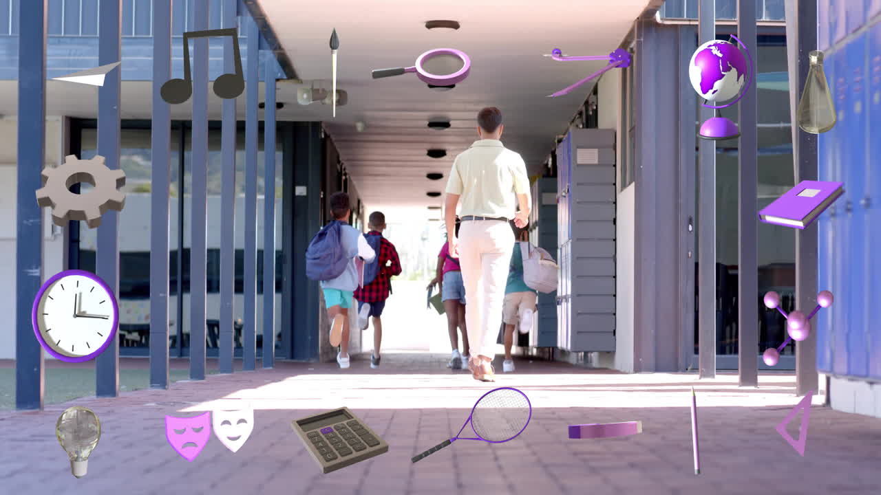Students walking in school hallway with educational icons animation over them