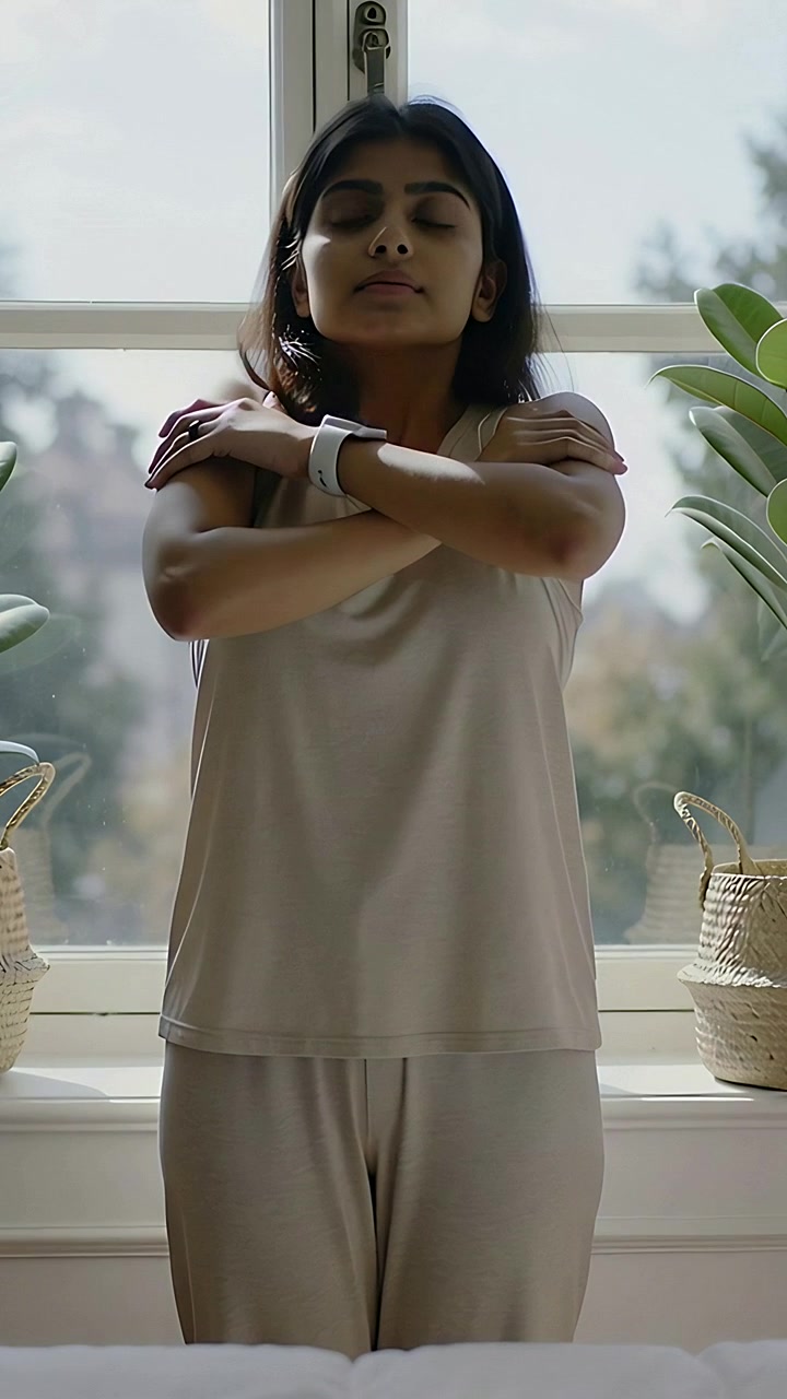 Vertical video: As soft light entering window, woman in tank rubbing shoulders, stretching