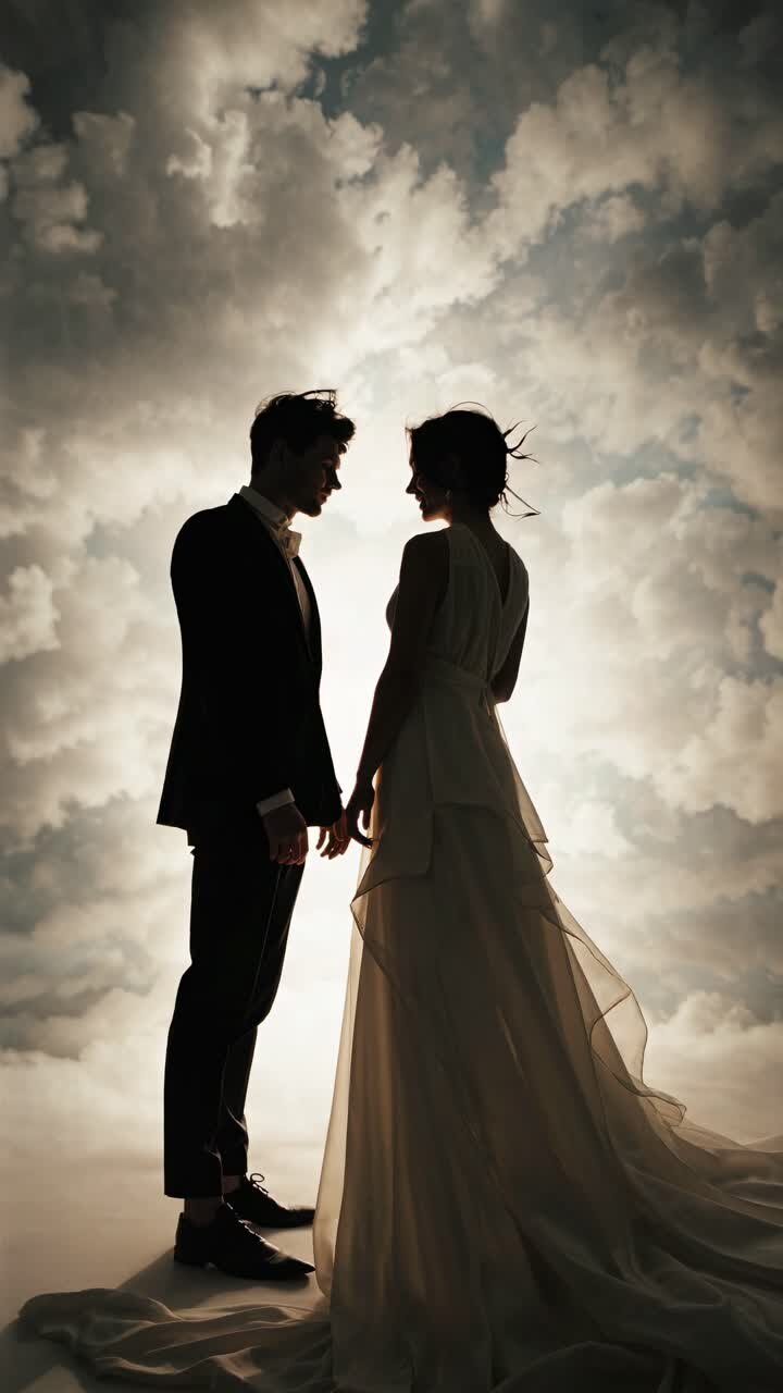A dreamy, backlit video scene of a couple facing each other against a cloudy sky backdrop