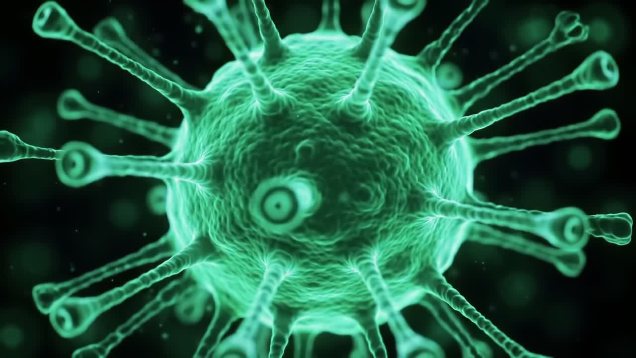Close-Up Examination of a Virus Particle Under a Microscope, Showcasing Its Complex Structure and Intricate Surface Features in High-Definition Detail
