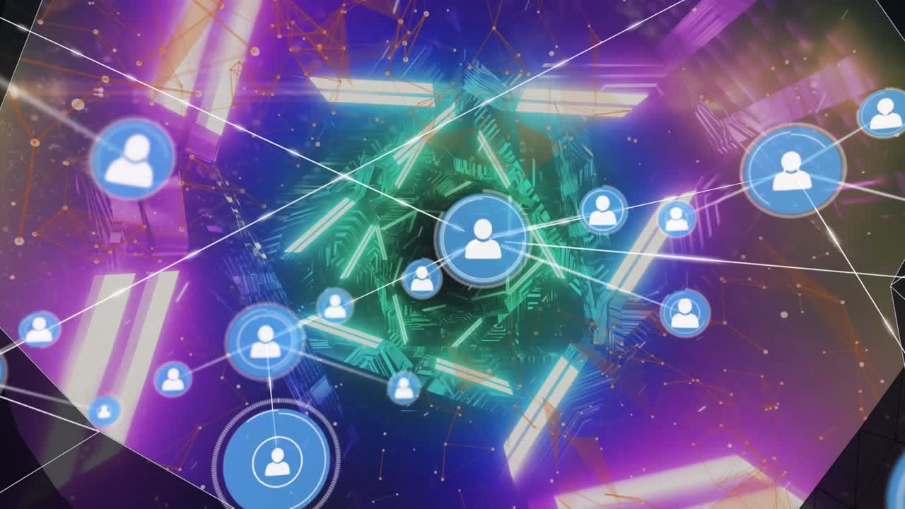 Animazione di una rete di connessioni su forme geometriche al neon