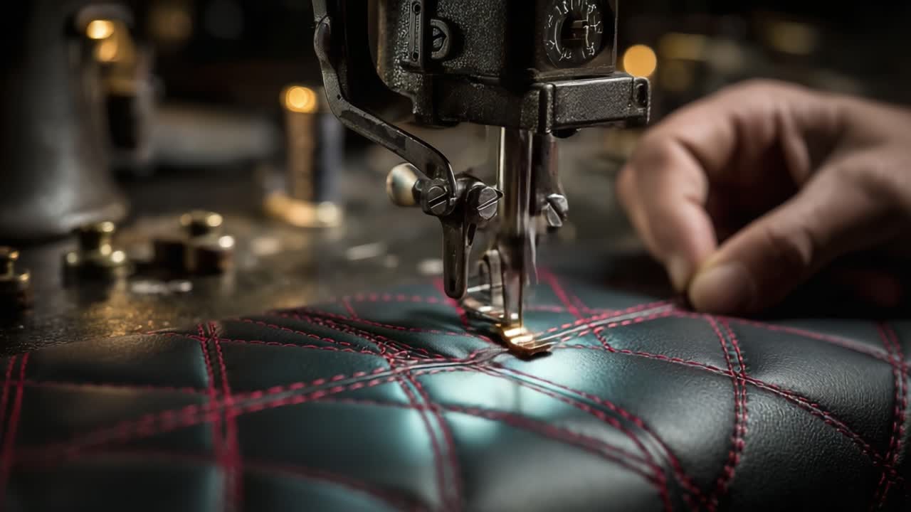 A Close-Up View of Precision Sewing in Leather Crafting: The Art of Stitching Beautiful Patterns with a Sewing Machine and Skilled Hands