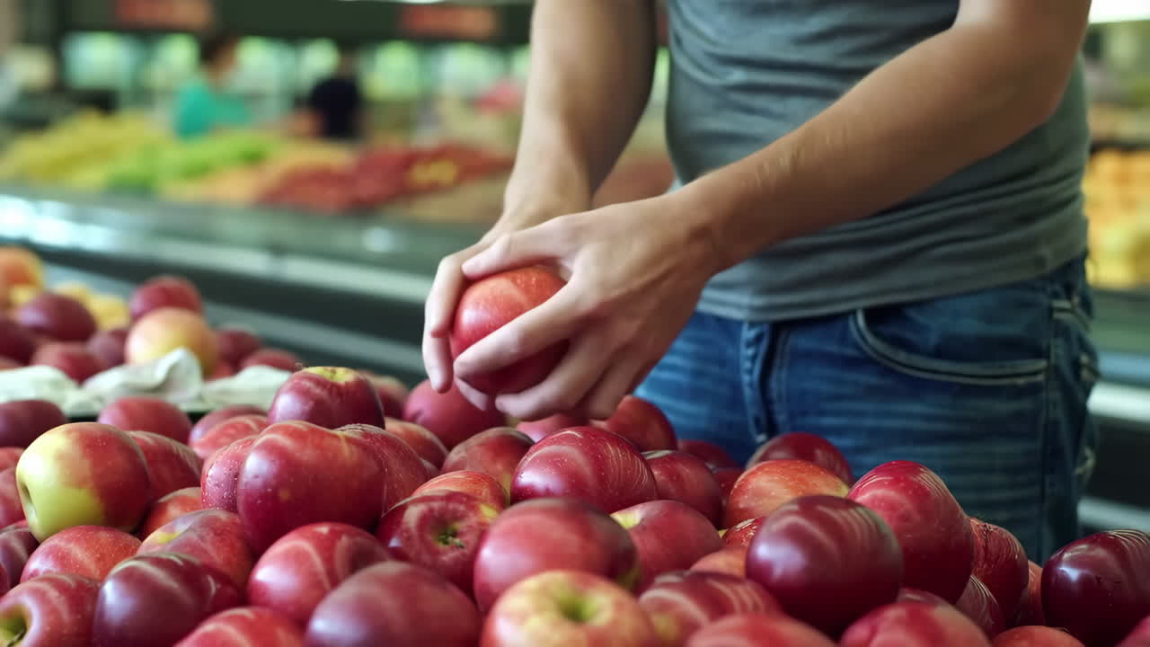 A person selecting fresh red apples at a supermarket