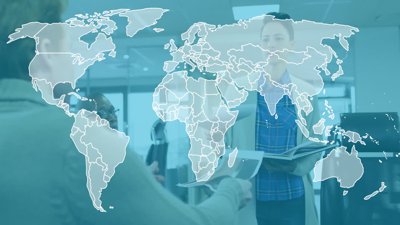 Collaborating in modern office, diverse business people using animation for world map