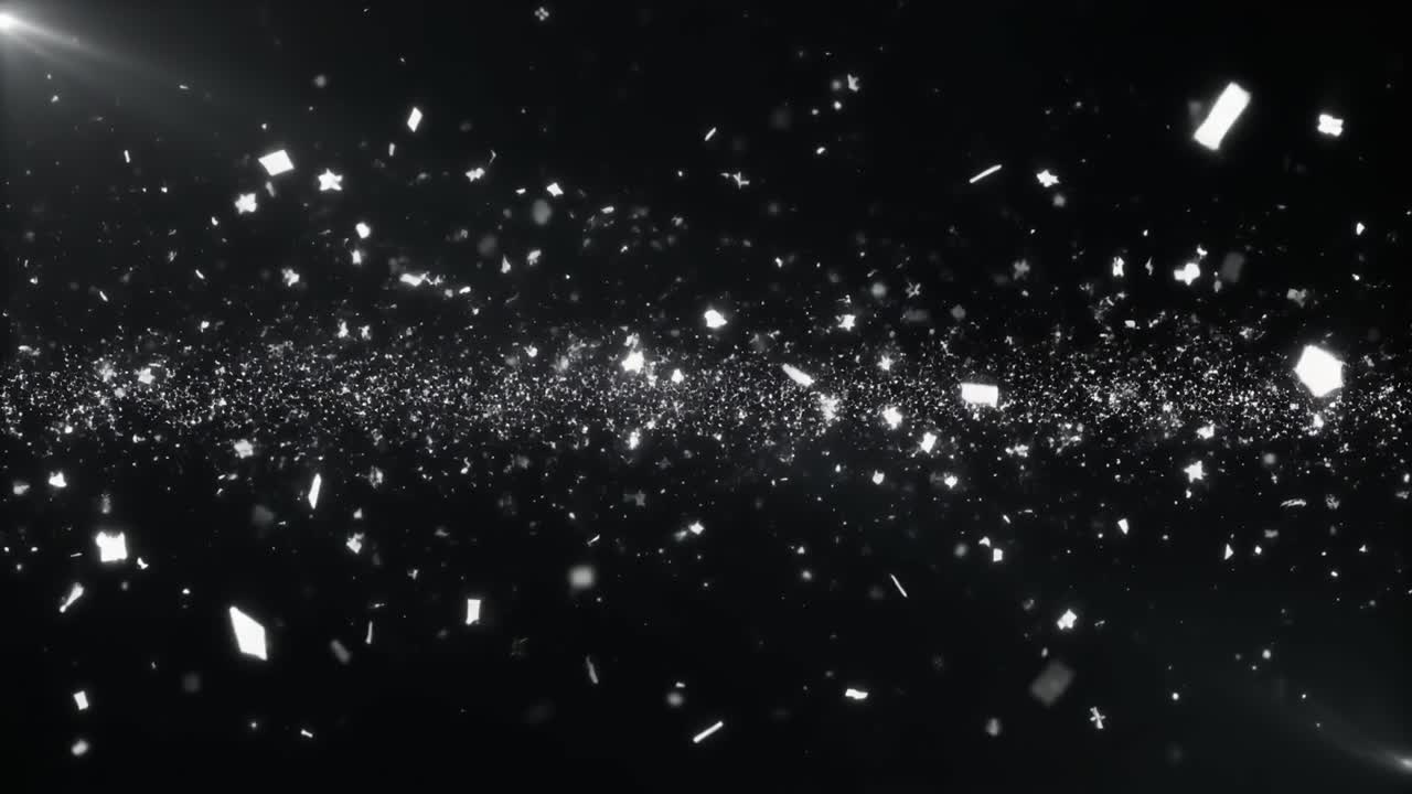 Coriandoli bianchi scintillanti e particelle che cadono su sfondo scuro