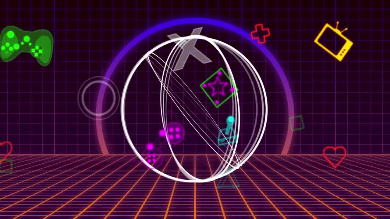 다채로운 게임 및 미디어 아이콘과 함께 원형 스캐너 처리 애니메이션 deo