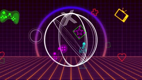 다채로운 게임 및 미디어 아이콘과 함께 원형 스캐너 처리 애니메이션 deo