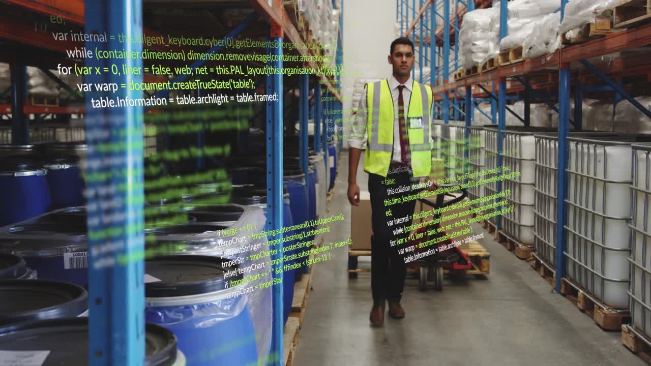 Warehouse worker pushing pallet truck, activating green code overlay around drums then receding