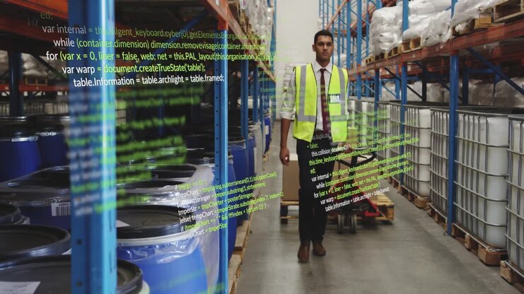 Warehouse worker pushing pallet truck, activating green code overlay around drums then receding