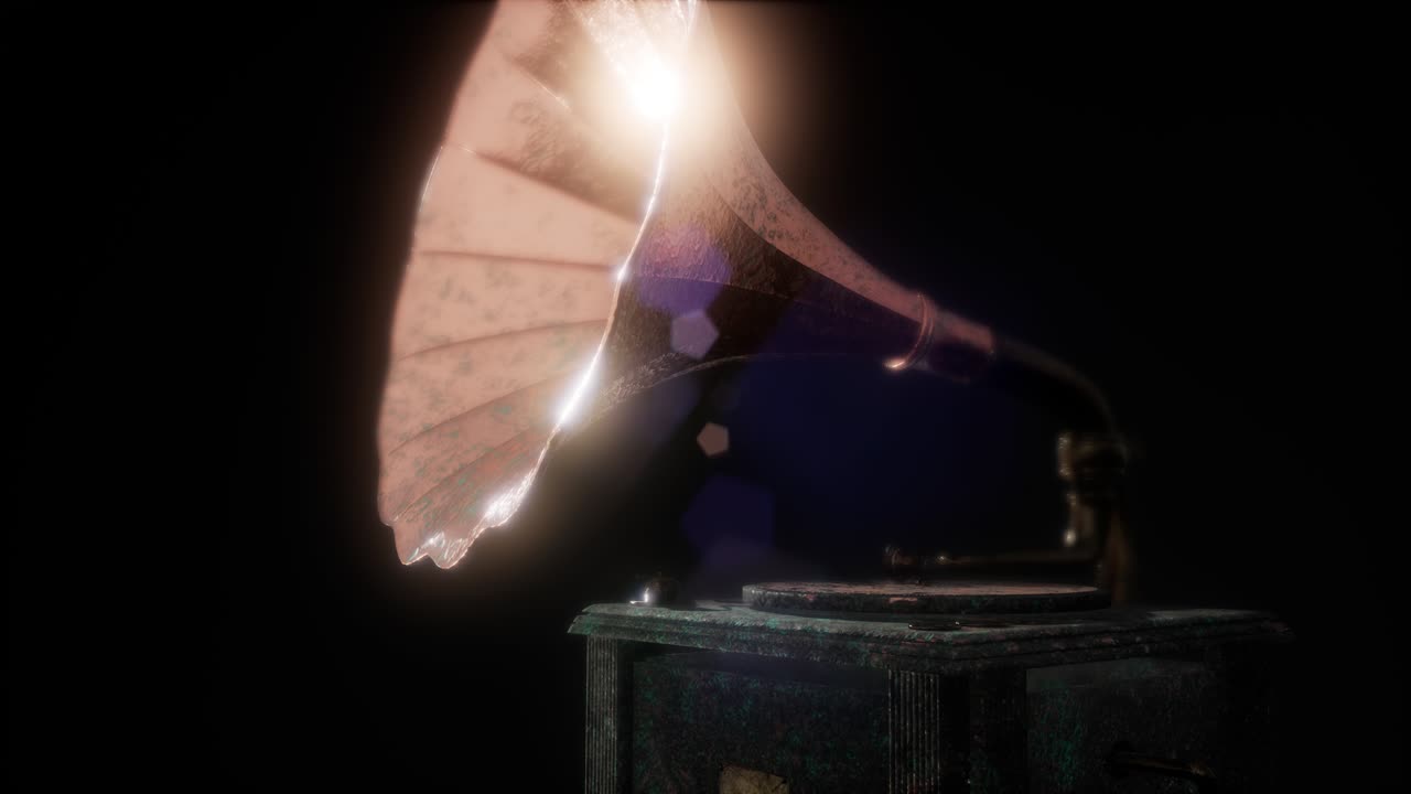 레트로 테크놀로지로 어두운 곳에서 빈티지 그라모폰을 연주합니다.