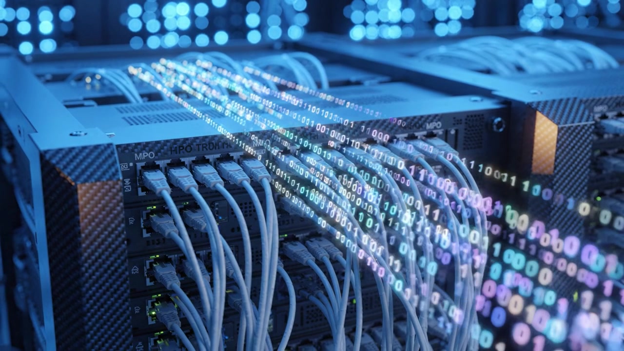 An In-Depth Look at Network Switches with Fiber Optic Connections and Digital Data Transmission in a Modern Data Center Environment