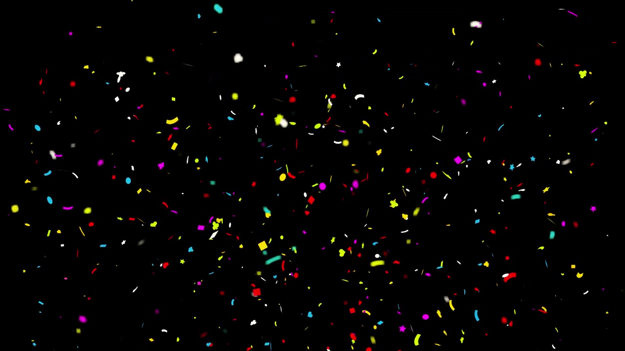 Animazione 4K di particelle di coriandoli colorati isolate, esplosioni di popper in caduta, canale alfa