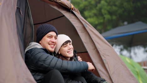 hug, camping and couple with love