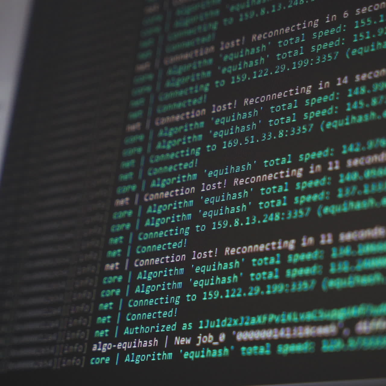 Screen with crypto code. Program code for mining cryptocurrency, mining work. Screen with software developer code. Crypto-currency