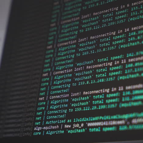 Screen with crypto code. Program code for mining cryptocurrency, mining work. Screen with software developer code. Crypto-currency