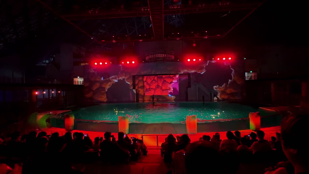 Aquarium show with bright red lighting and an indoor audience in Tokyo under a dome at night