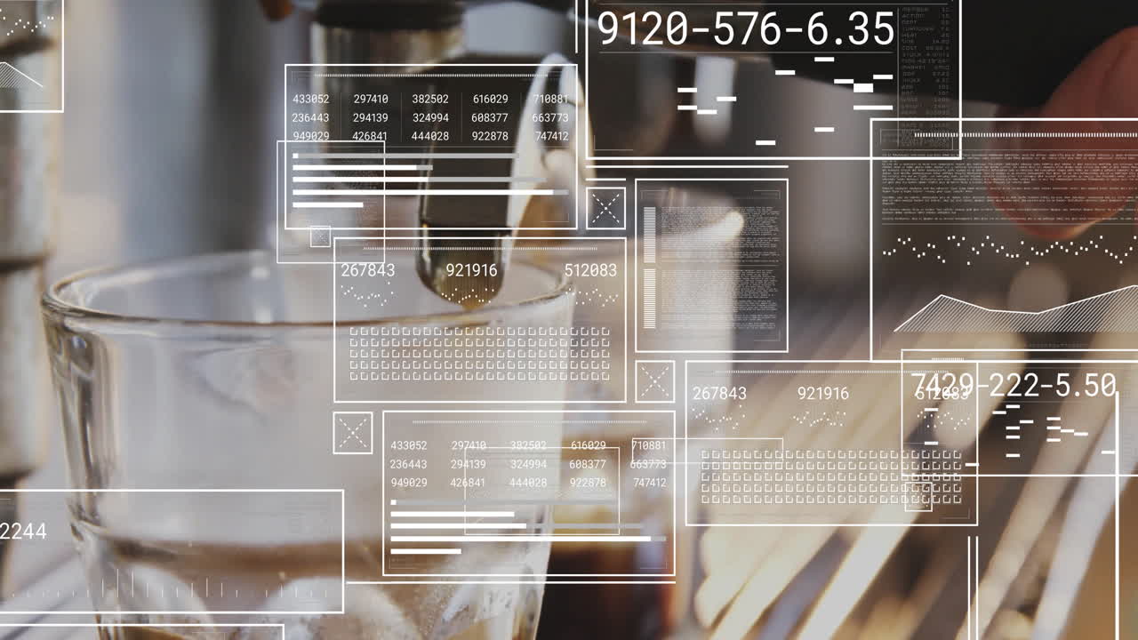 Metal espresso portafilter pouring rich coffee into clear cup with floating data overlays