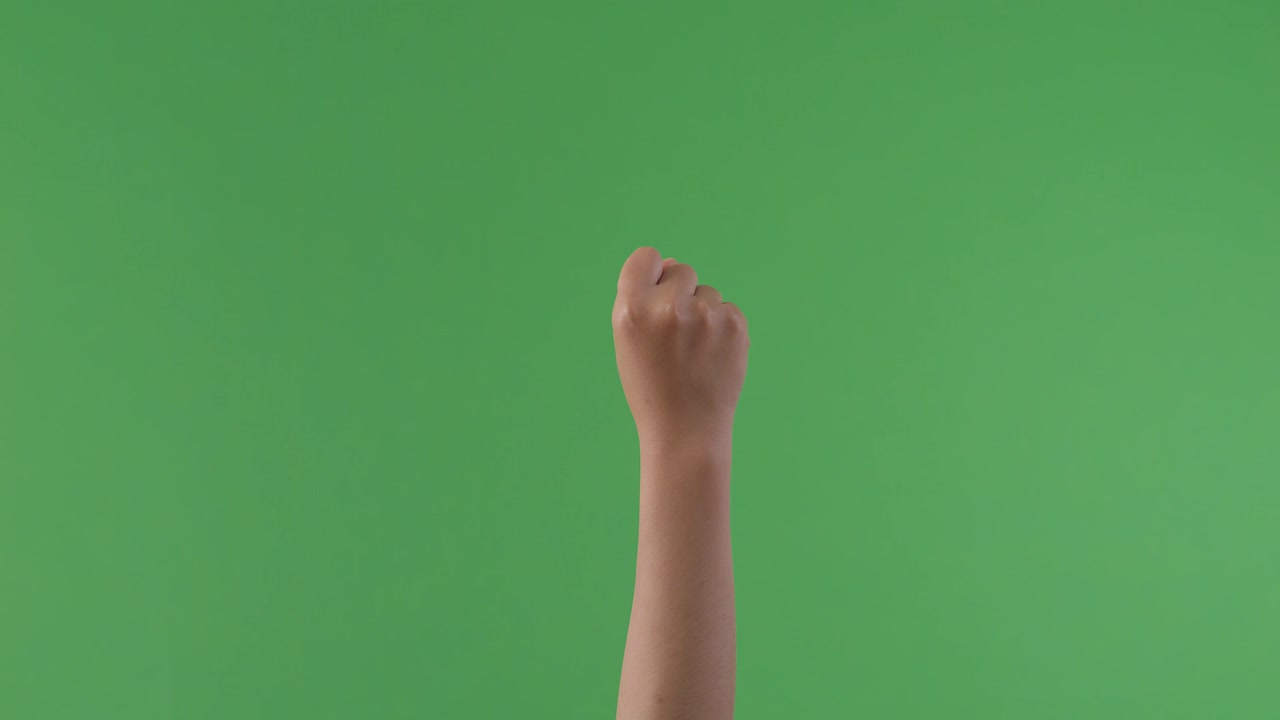 녹색 스크린에서 주먹을 들어 올렸습니다.