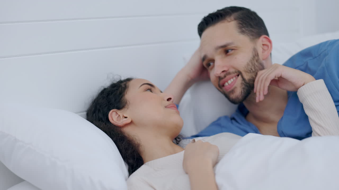 Couple, talking and home bed in morning for love