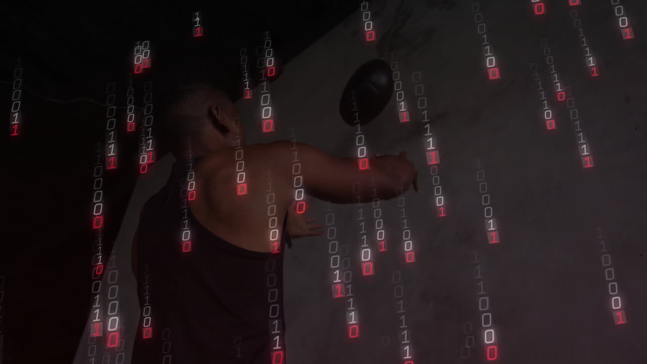 Punching speed bag, man training with binary code animation in background