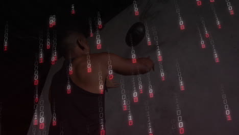 punching speed bag, man training with binary code animation in background