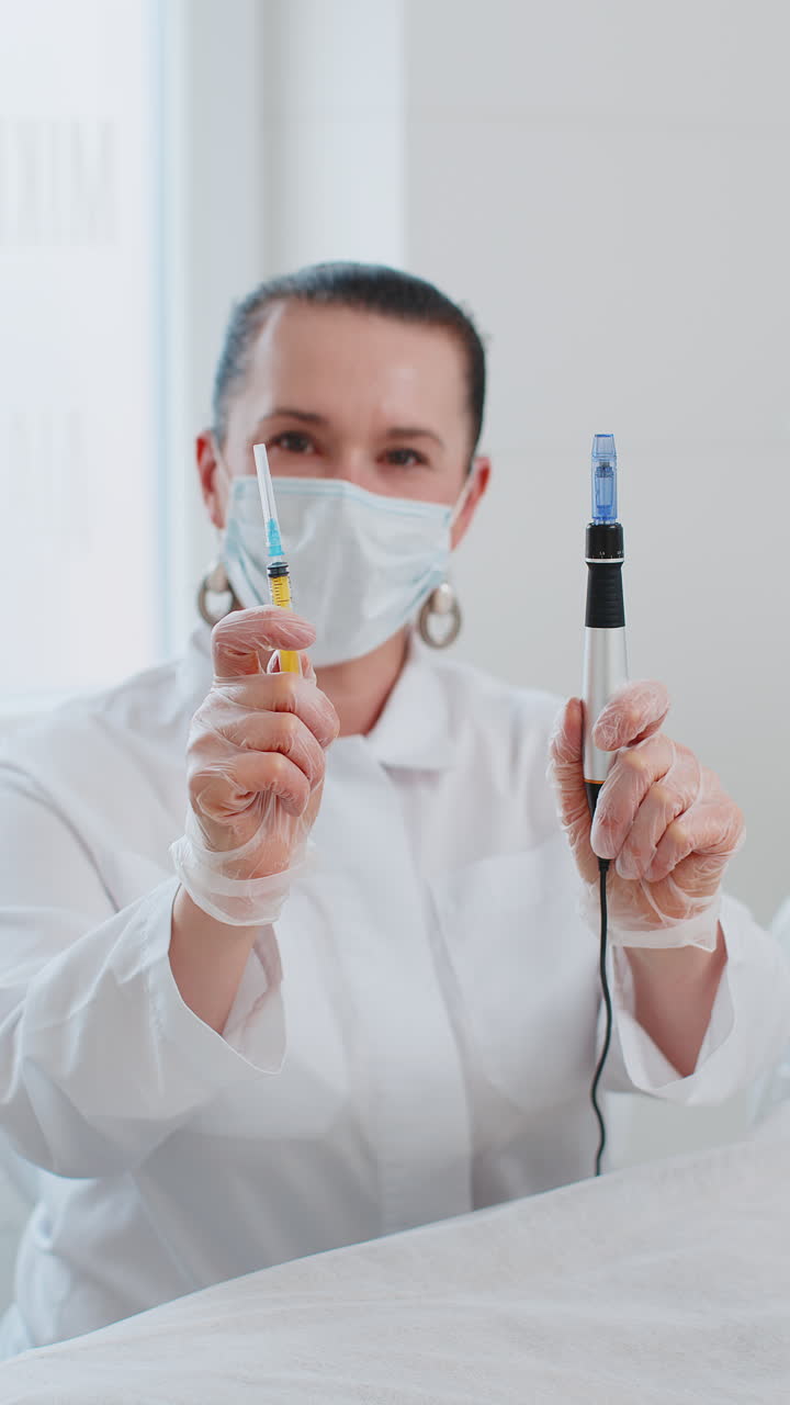 triquólogo cosmetólogo médico que muestra dermapen microneedling, inyección de vitaminas en jeringa