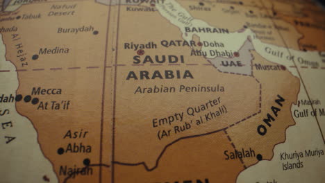 close-up of a globe map focusing on the arabian peninsula