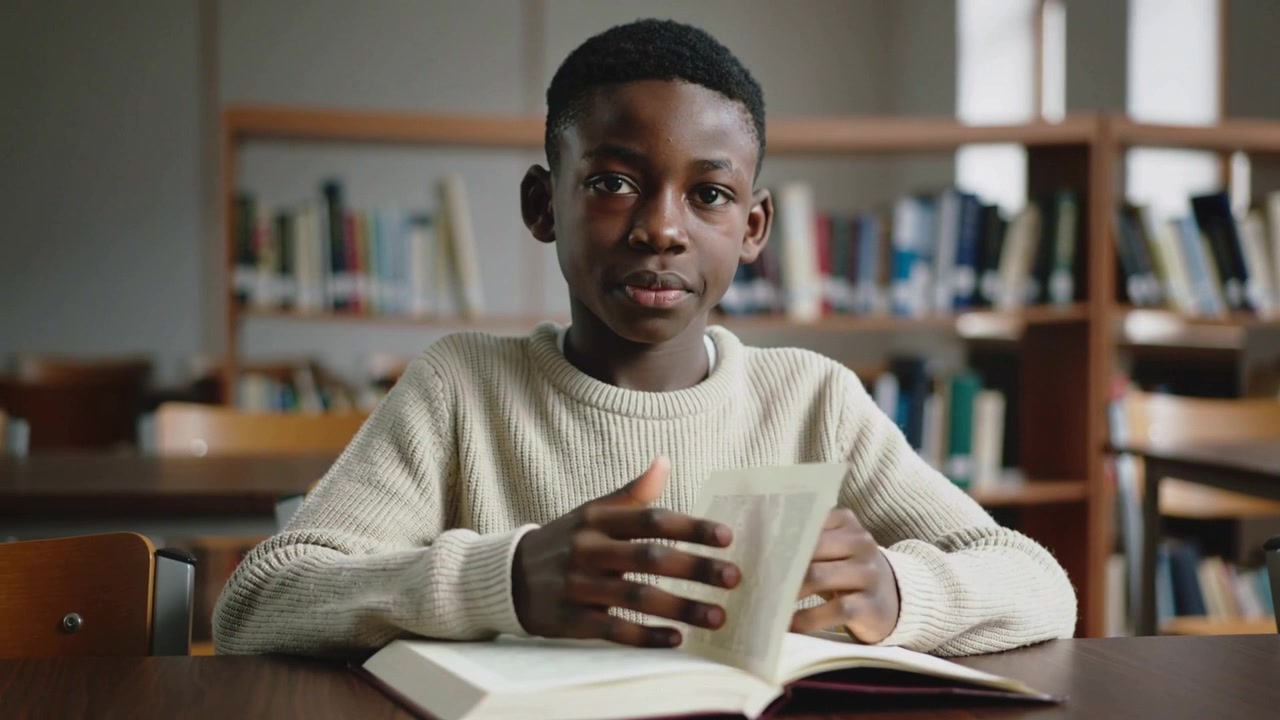 Starting study, teen cream knit flipping pages, smiling, refocusing at library table