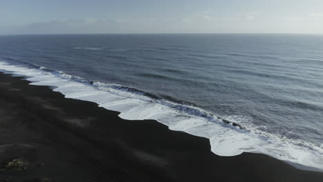 Grandes-Olas-Espumosas-Salpicando-En-La-Playa-De-Arena-Negra-En-Islandia---Toma-Panorámica