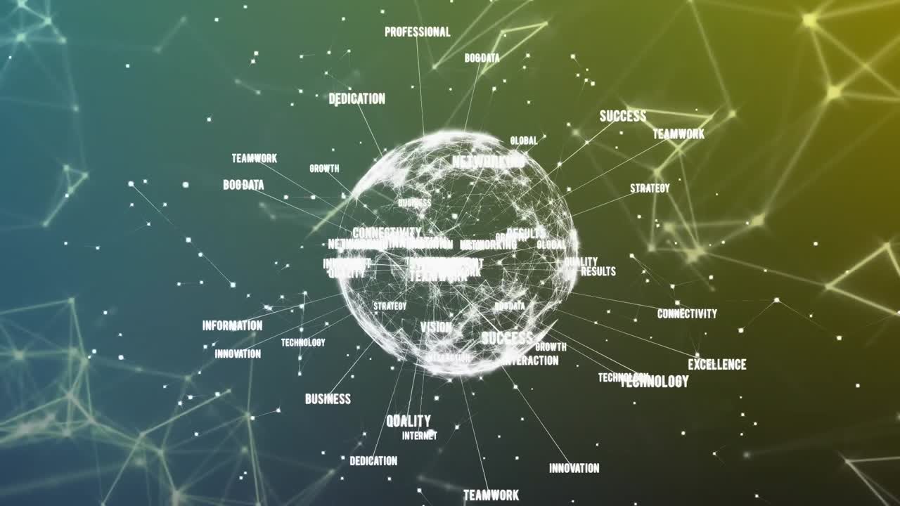 지구를 둘러싼 텍스트의 애니메이션과 그라디언트 배경 위에 기하학적 모양을 형성하는 연결된 점