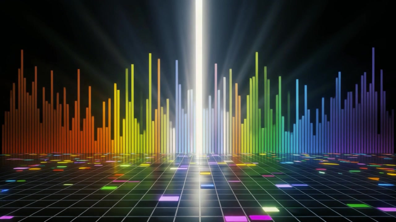 Colorful Digital Audio Spectrum Visualizer with Glowing Grid Floor
