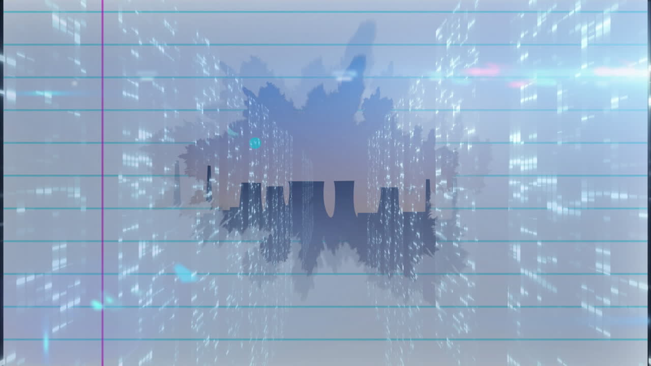 Animation of city skyline silhouette with digital data and abstract light patterns