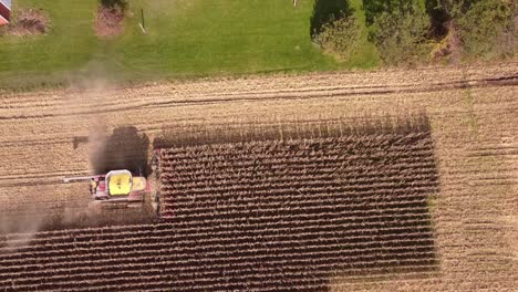 top down view of combine harvester at work in a corn field in southeast michigan near carlton michigan - aerial drone shot