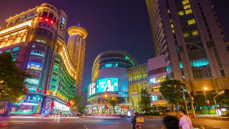 night illuminated shanghai city center traffic street crossroad panorama 4k time lapse china