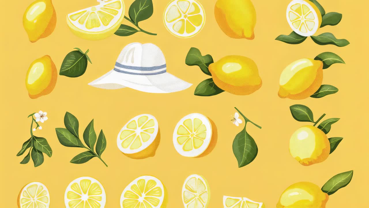 Yellow lemons, leaves and a white sun hat create a seamless repeating pattern on a yellow background, evoking a summery and refreshing vibe