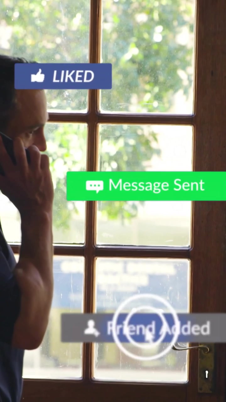 Man entering, holding phone to ear while UI notifs popping, overlapping, fading, showing engagement