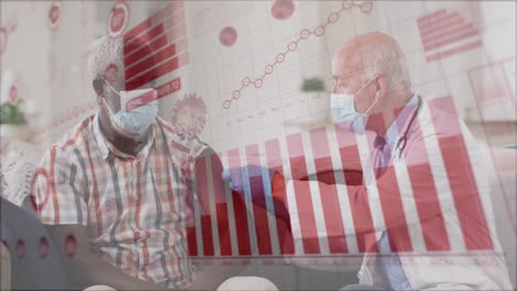 Animation of statistics and covid 19 cells over man receiving vaccination wearing face mask