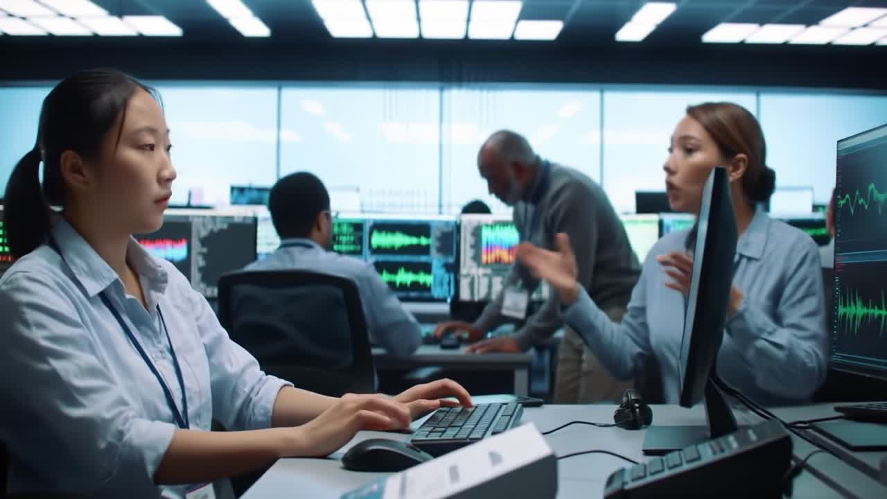 A diverse group of professionals collaborates in a technology hub, focusing on data analysis and system monitoring. Everyone actively engages with their screens, ensuring smooth operations.