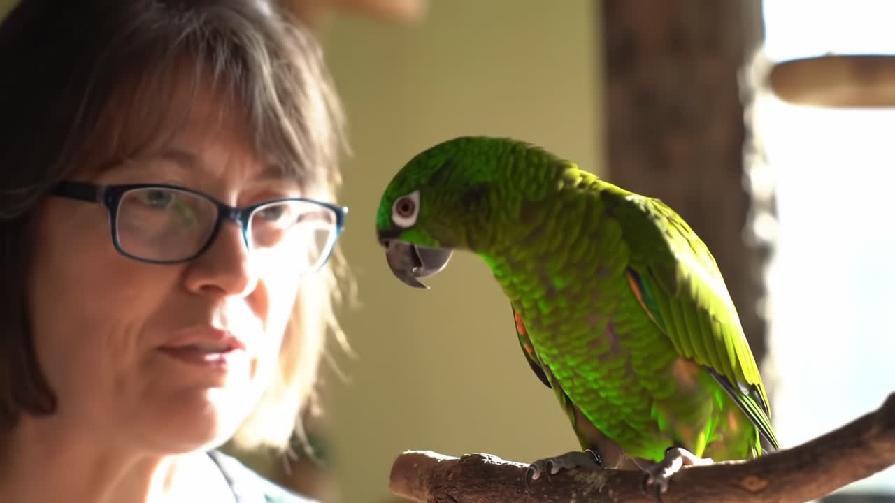 A Charming Green Parrot Engages with Its Human Companion in a Warm and Inviting Indoor Setting, Showcasing a Captivating Bond Between Two Unique Personalities