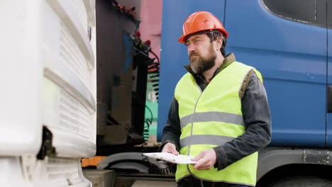 worker wearing vest and safety helmet organizing a truck fleet in a logistics park while consulting a document