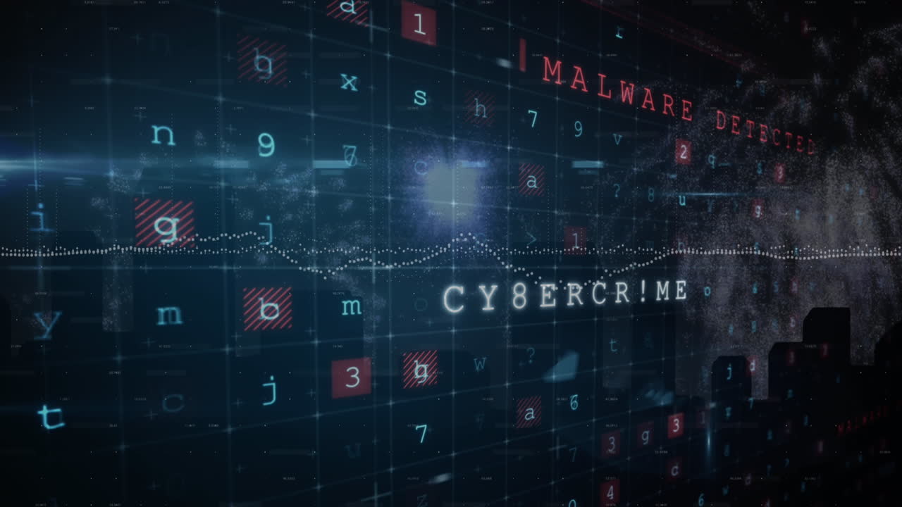 animación de múltiples textos, letras, números y símbolos con gráficos sobre edificios modernos