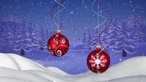 Animation-of-snow-falling-over-red-christmas-baubles-decorations