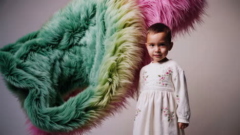 child in white embroidered dress reaching out against a colorful fluffy background