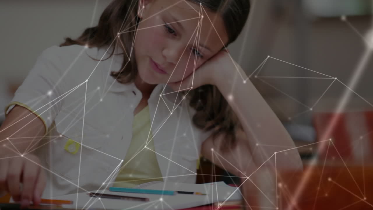 animación de niños en un aula sobre una red de puntos conectados en el fondo