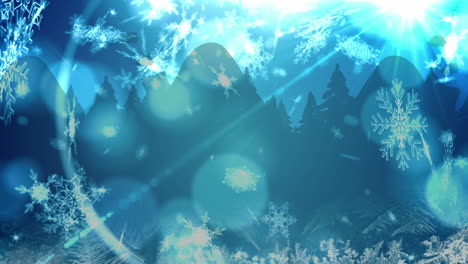 animation of christmas snow falling over christmas decorations on blue background