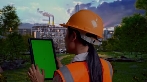 close up back view of asian female engineer with safety helmet working on a green screen tablet and looking around in front of oil refinery