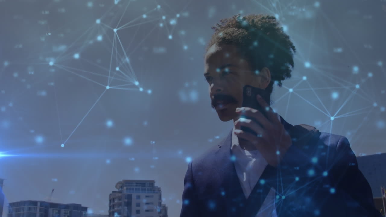 Animation of network of connections over man using smartphone
