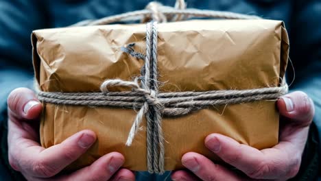 a person holding a parcel wrapped in brown paper and tied with twine